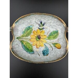 Vtg Italian Pottery w/handles Hand Painted Daisy & Bluebells Trinket Candy Dish